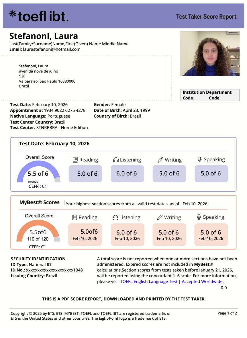 Boletim de notas TOEFL iBT de Laura Stefanoni